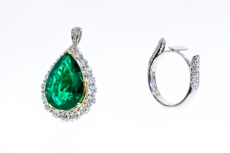 18K黃鉑金梨形綠寶圓石鑽石戒指鍊墜兩用