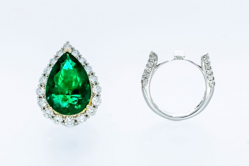 18K黃鉑金梨形綠寶圓石鑽石戒指鍊墜兩用