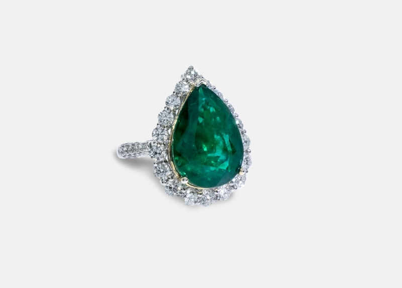 18K黃鉑金梨形綠寶圓石鑽石戒指鍊墜兩用