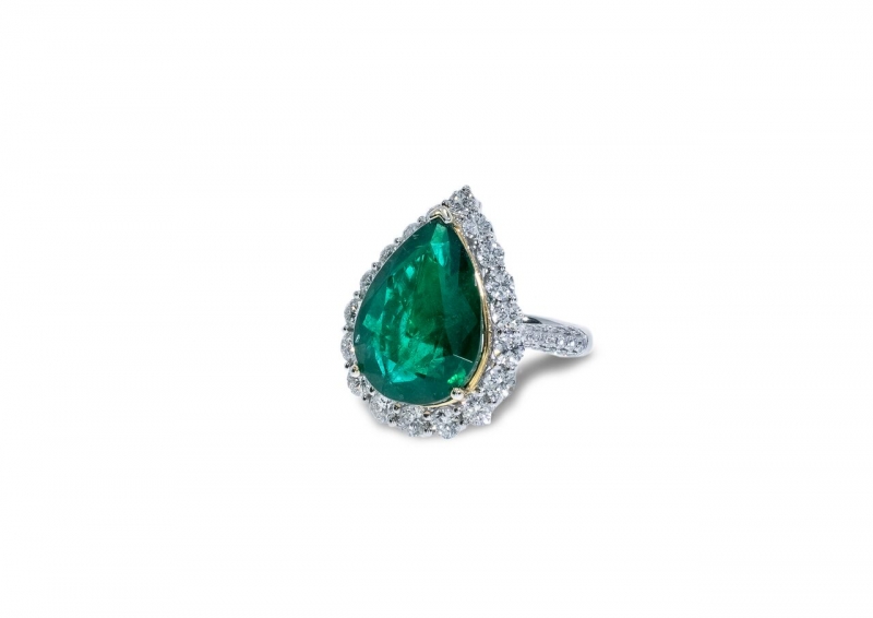 18K黃鉑金梨形綠寶圓石鑽石戒指鍊墜兩用